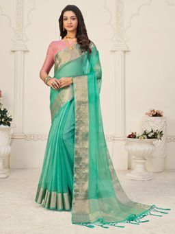 Akhilam - Women Organza Sea Green Woven Design Designer Saree With Unstitched Blouse Piece