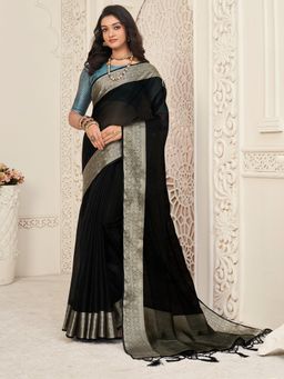 Akhilam - Women Organza Black Woven Design Designer Saree With Unstitched Blouse Piece