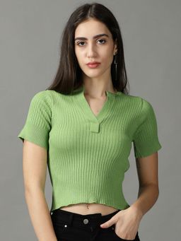 SHOWOFFFF - Womens V-Neck Fitted Solid Green Crop Top