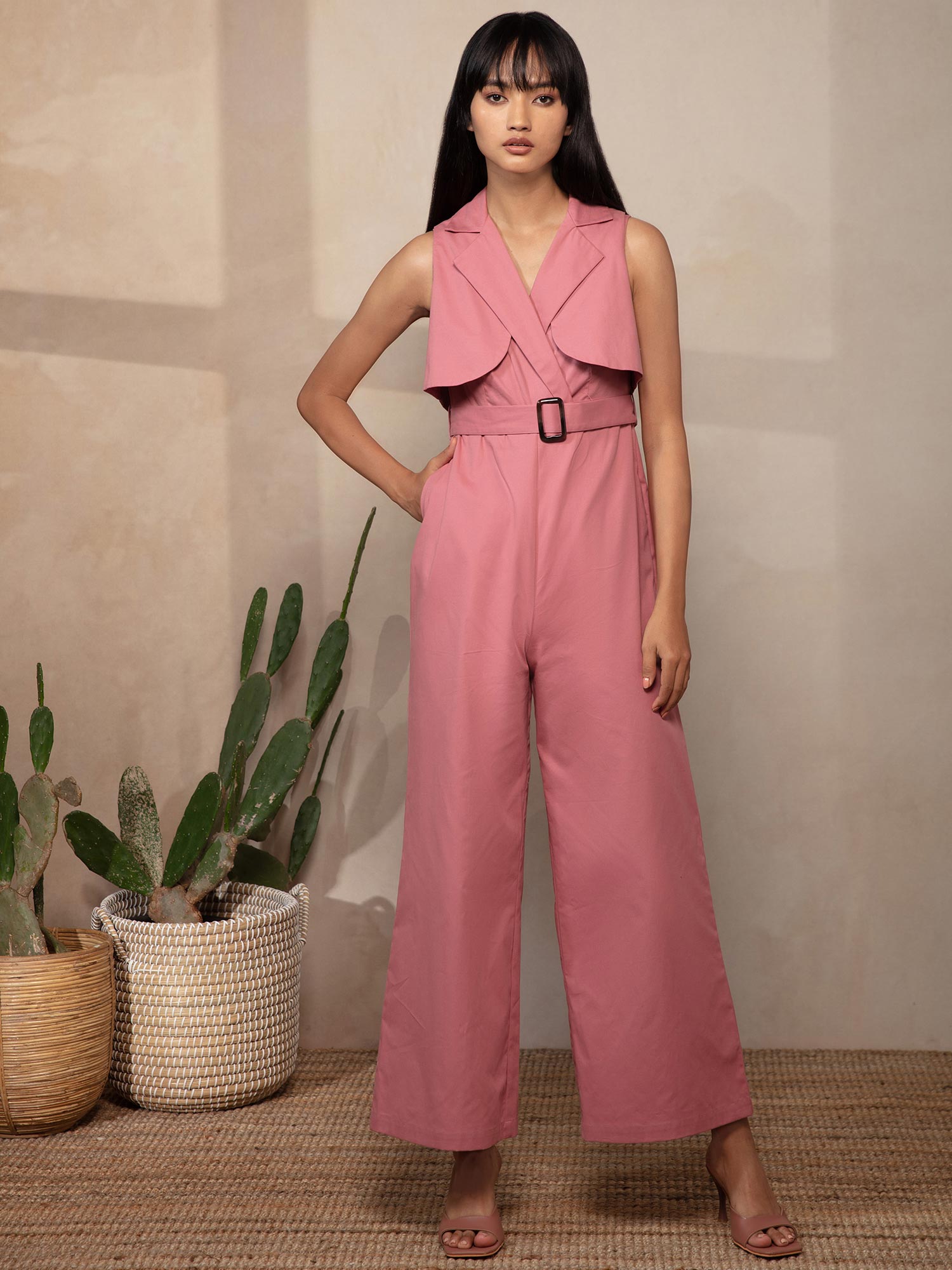 Pink Solid Notched Lapel Collar Jumpsuit-picture-26