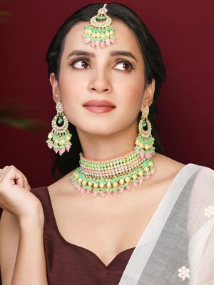 Peora Pink Mint Synthetic Stone Studded Necklace Earrings Maangtikka (Set of 3)