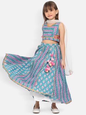 Nautinati Girls Printed Ready To Wear Cotton Lehenga Choli With Dupatta main image 0