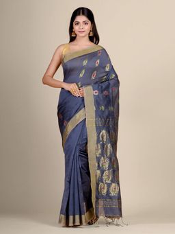 CHARUKRITI - Grey Blended Cotton Handwoven Saree with Blouse