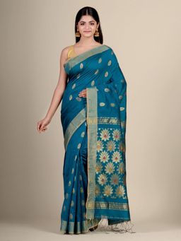 CHARUKRITI - Teal Blue Blended Cotton Handwoven Saree with Blouse
