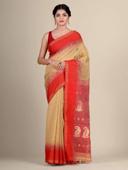 CHARUKRITI - Beige Soft Cotton Handwoven Saree with Blouse