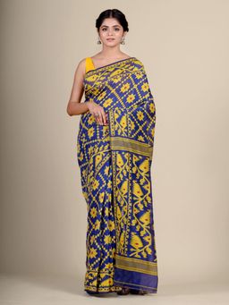CHARUKRITI - Blue Silk Cotton Handwoven Jamdani Saree without Blouse