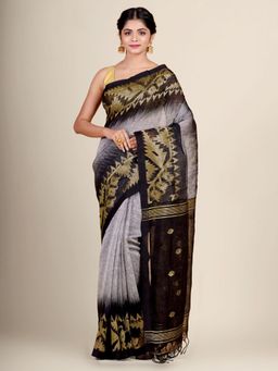 CHARUKRITI - Light Grey Ikaat Style Soft Handwoven Linen Saree with Blouse