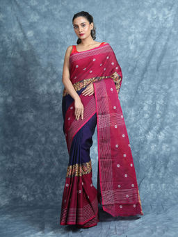 CHARUKRITI - Floral Weaving Navy Blue And Magenta Handloom Saree With Unstitched Blouse