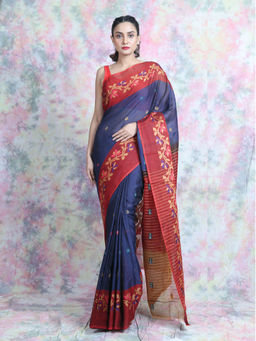 CHARUKRITI - Floral Border Navy Blue Cotton Saree With Unstitched Blouse