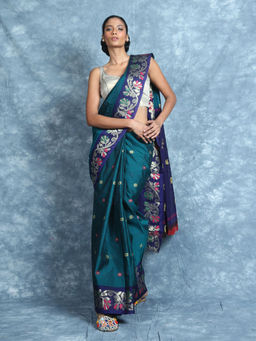 CHARUKRITI - Teal Cotton Saree With Floral Border With Unstitched Blouse