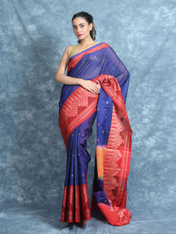 CHARUKRITI - Blue Handloom Saree With Allover Buta With Unstitched Blouse