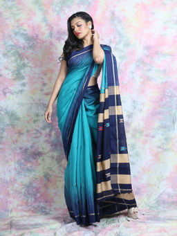 CHARUKRITI - Teal And Navy Blue Ikkat Style Handloom Saree With Unstitched Blouse