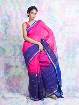 CHARUKRITI - Pink And Blue Handloom Saree With Zari Check With Unstitched Blouse