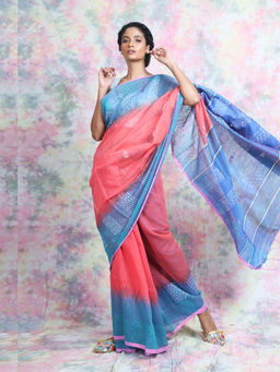 CHARUKRITI - Peach And Light Blue Handloom Saree With Unstitched Blouse