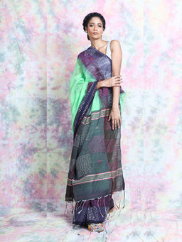 CHARUKRITI - Mint Green Handloom Saree With Unstitched Blouse