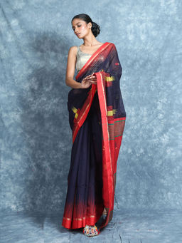 CHARUKRITI - Ikkat Desing Navy Blue Handloom Saree With Unstitched Blouse