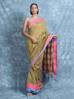 CHARUKRITI - Temple Design Dijon Cotton Saree With Unstitched Blouse