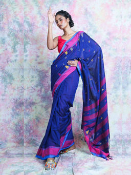 CHARUKRITI - Temple Design Weaving Blue Handloom Saree With Unstitched Blouse