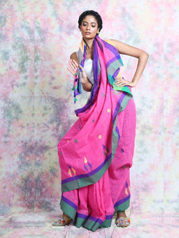 CHARUKRITI - Light Pink Dual Border Handloom Saree With Butta With Unstitched Blouse
