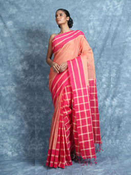 CHARUKRITI - Peach And Pink Checks Design Patli Pallu Handloom Saree With Unstitched Blouse