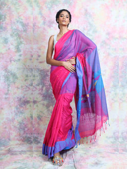 CHARUKRITI - Pink And Blue Cotton Saree With Geometrics Pallu With Unstitched Blouse