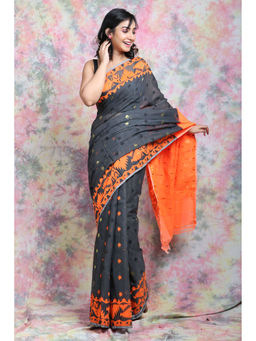 CHARUKRITI - Grey & Orange Allover Butta Weaving Jamdani Saree without Blouse
