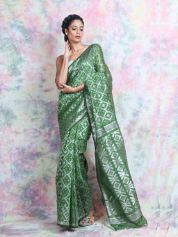 CHARUKRITI - Green Silver Zari Weaving Jamdani Saree Without Blouse