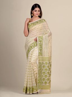 CHARUKRITI - Off White Silk Cotton Handwoven Jamdani Saree without Blouse