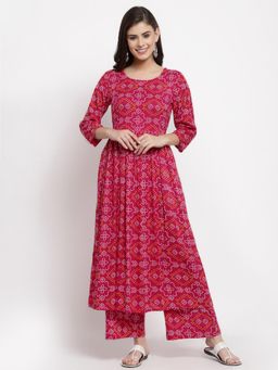Yuris - Women Pink & Multi Bandhni Print A-line Kurta with Palazzo (Set of 2)