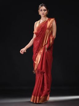 Beatitude - Maroon Slub Cotton Woven Saree with Unstitched Blouse