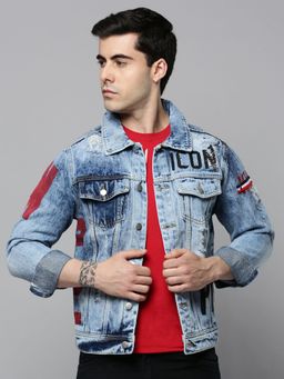 SHOWOFFFF - Mens Spread Collar Blue Solid Denim Jacket