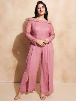 KASSUALLY - CURVE BY KASSUALLY Plus Size Onion Pink Off-Shoulder Net Jumpsuit with Belt