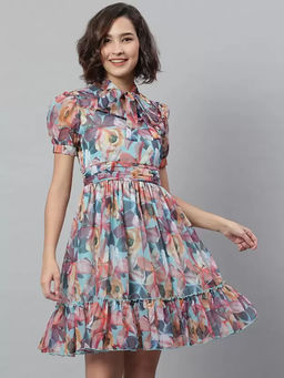 KASSUALLY - Multi-Color Floral Front Yoke Tie-Up Dress