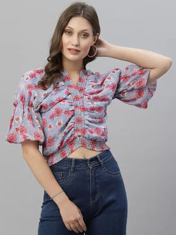 KASSUALLY - Women Blue Printed V-Neck Smocked Crop Top