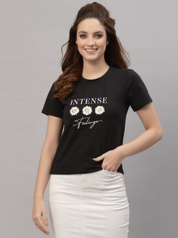 KASSUALLY - Black Round Neck Printed T-Shirt