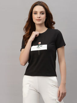 KASSUALLY - Black Round Neck Printed T-Shirt