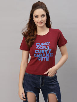 KASSUALLY - Maroon Round Neck Striper Printed T-Shirt