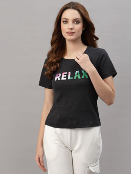 KASSUALLY - Black Round Neck Striper Printed T-Shirt
