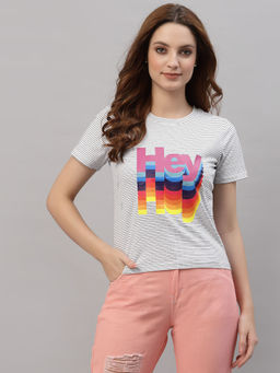 KASSUALLY - White Round Neck Striper Printed T-Shirt