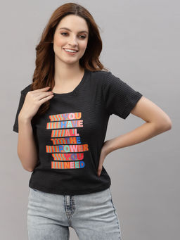 KASSUALLY - Black Round Neck Striper Printed T-Shirt