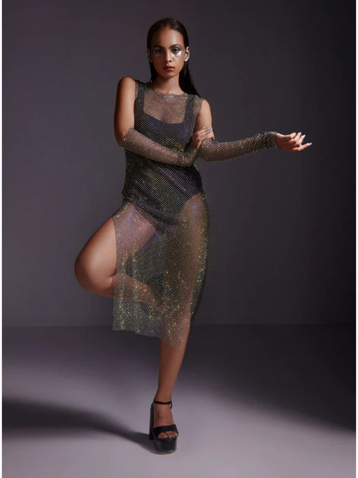 knee length dresses for ladies Momyknows Beige Sparkly Diamond Rhinestone Mesh Tassel Sheer Bodycon  Elegant Photoshoot Maternity Midi Dress