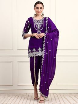 Shopping Queen - Electric Purple Embroidered Silk Women's Kurta with Dhoti and Dupatta