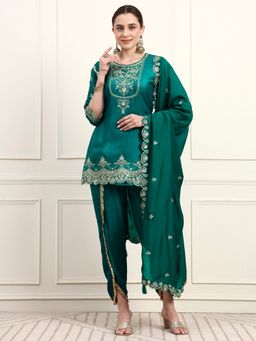 Shopping Queen - Turqouise Embroidered Silk Women's Kurta with Dhoti and Dupatta