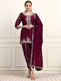 Shopping Queen - Maroon Embroidered Silk Women's Kurta with Dhoti and Dupatta