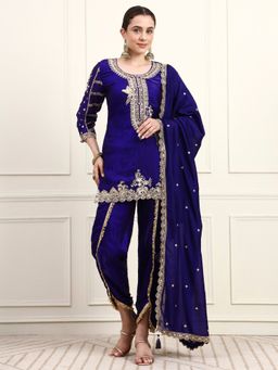 Shopping Queen - Electric Blue Embroidered Silk Women's Kurta with Dhoti and Dupatta