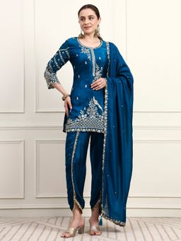 Shopping Queen - Teal Embroidered Silk Women's Kurta with Dhoti and Dupatta