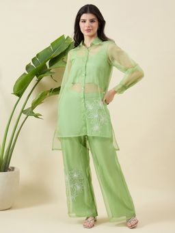 Aritri - Women Green Embroidered Shirt with Crop Top and Palazzo