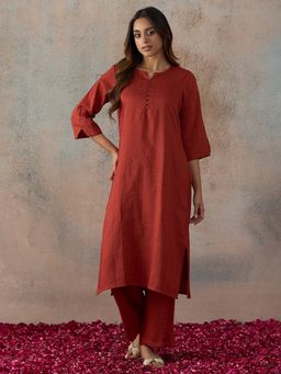 HRITIKA - Women Hritika Maroon Cotton Blend Jacquard Woven Kurta with Palazzo