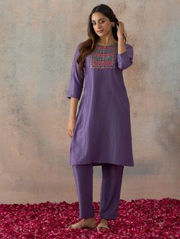 HRITIKA - Women Hritika Lavender Silk Blend Crinkle Weaving Kurta with Pant