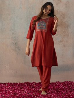 HRITIKA - Women Hritika Red Silk Blend Crinkle Weaving Kurta with Pant